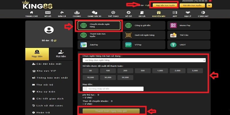 Nạp tiền King88 tại ngân hàng địa phương